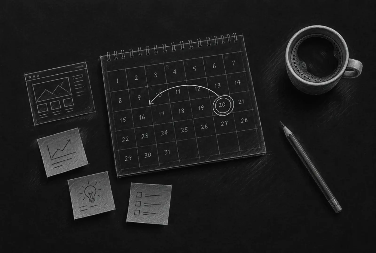 Pencil sketch of a desk with a calendar, a launch date circled and an arrow counting backwards, sticky notes and a coffee