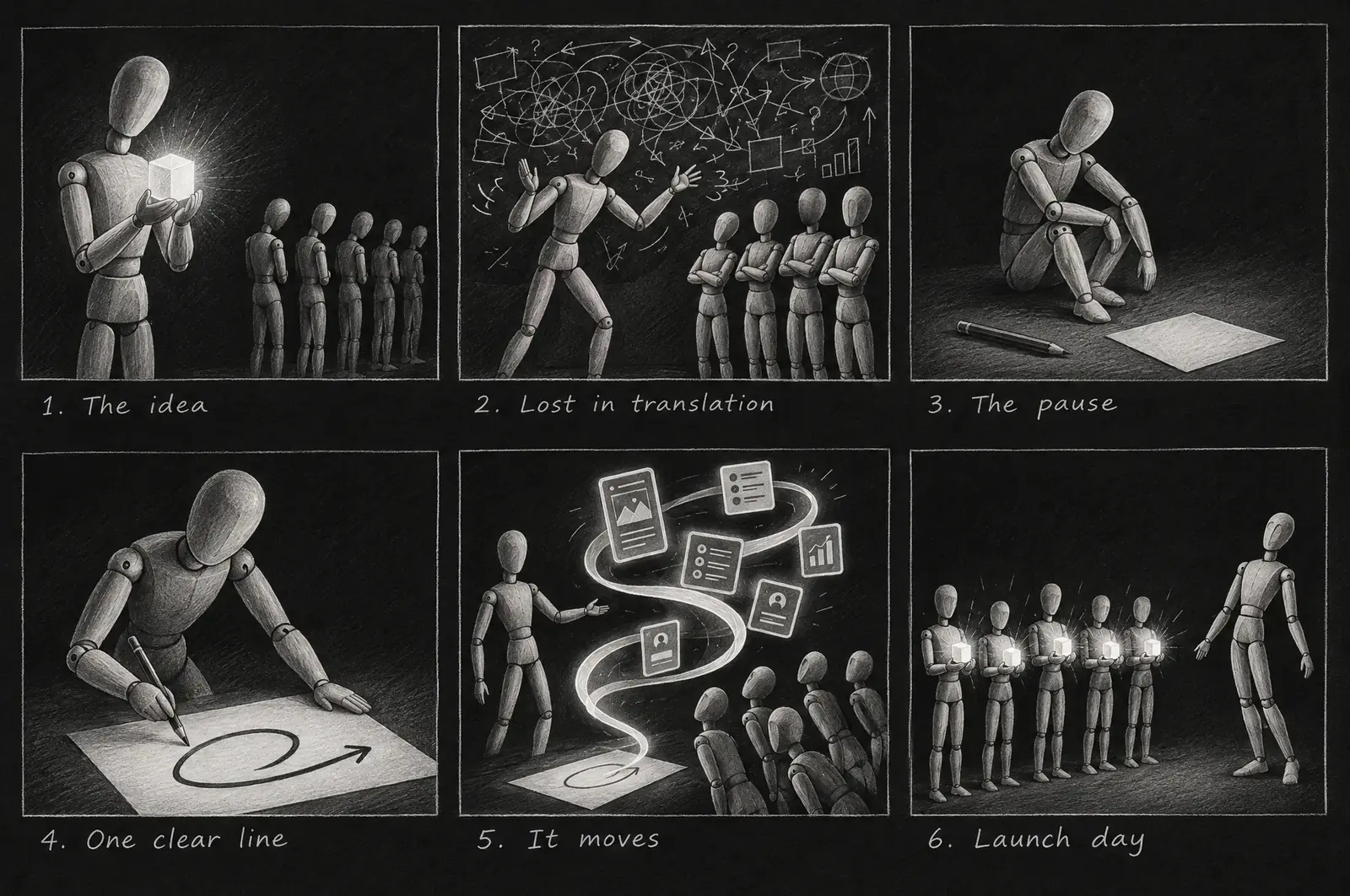 Six-panel pencil storyboard of a wooden mannequin carrying an idea from first spark to launch day