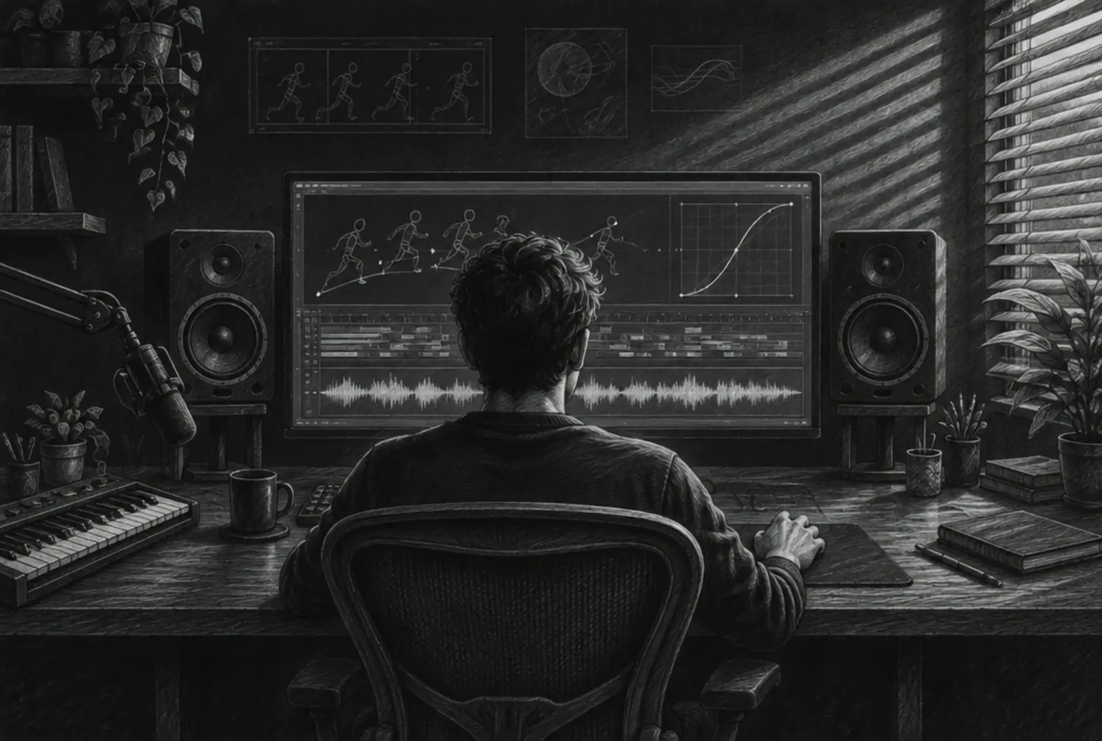 Pencil sketch of an animator seen from behind, working on a timeline and audio waveform between two speakers